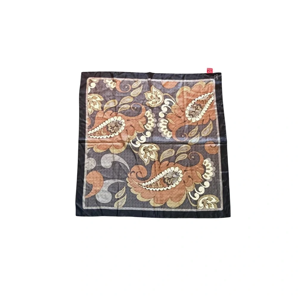 Oscar de la Renta 100% Silk Scarf Black Brown Paisley Floral Square 34x34‎